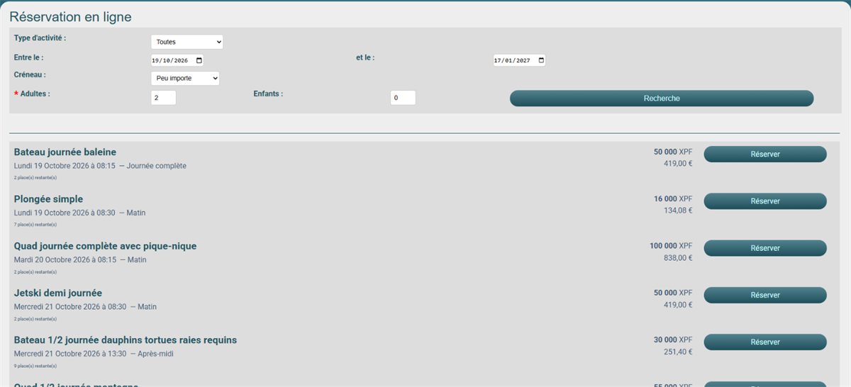 Page de réservation en ligne : liste des activités disponibles avec leur prix et un bouton Réserver